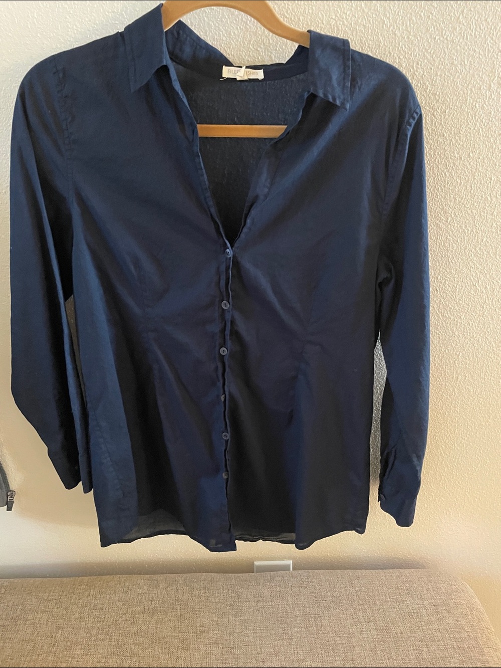Eileen Fisher Organic Cotton Navy Button-Up Collared Shirt PL